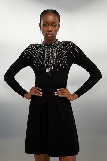 Viscose Blend Embellished Knit Mini Dress black