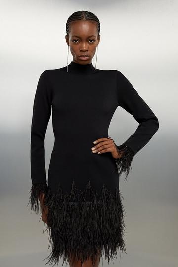 Black Viscose Blend Feather Detail Knit Mini Dress