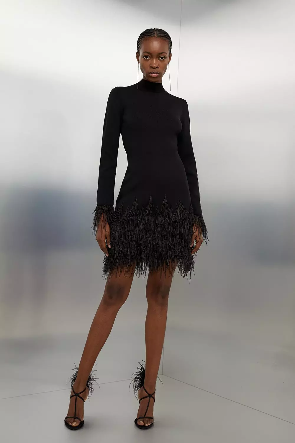 Oséree Lumière Feather-trimmed Metallic Stretch-knit Mini Dress - Women - Black Dresses - XL