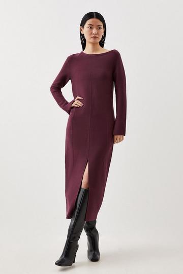 Burgundy Red Compact Knit Wool Look Drop Shoulder Midi Dress