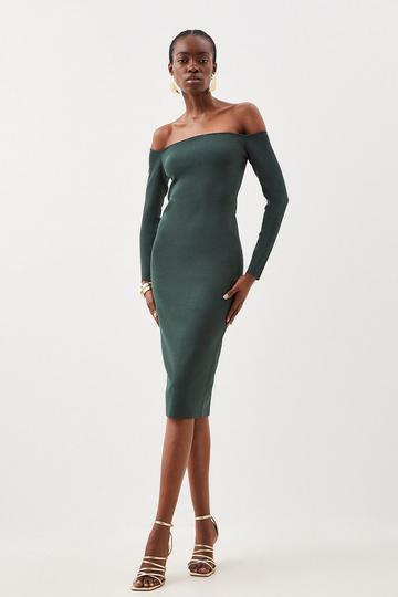 Premium Viscose Blend Body Contouring Off The Shoulder Knit Midi Dress green