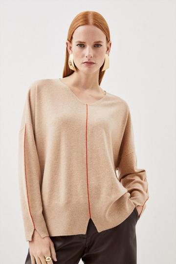 Cashmere Blend Knit V Neck Sweater camel