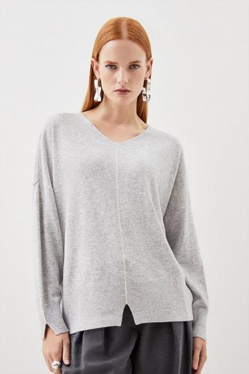 Grey Cashmere Wool Knit V Neck Jumper