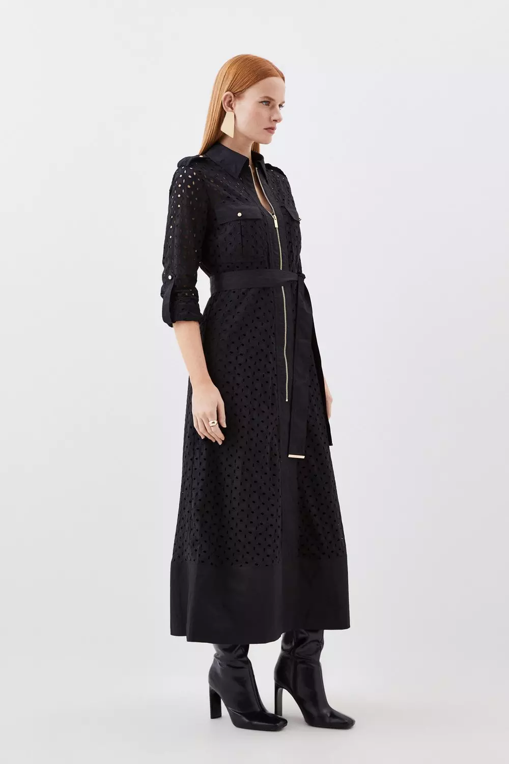 Embroidered Pure Cotton Midi Dress in Black : TXR262