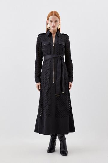Black Broderie Cotton Mix Zip Woven Midi Dress