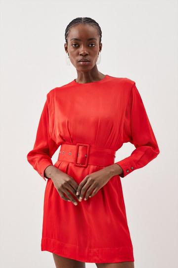 Petite Viscose Satin Power Shoulder Woven Mini Dress red