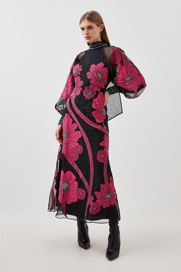 Black Applique Organdie Floral Graphic Woven Maxi Dress