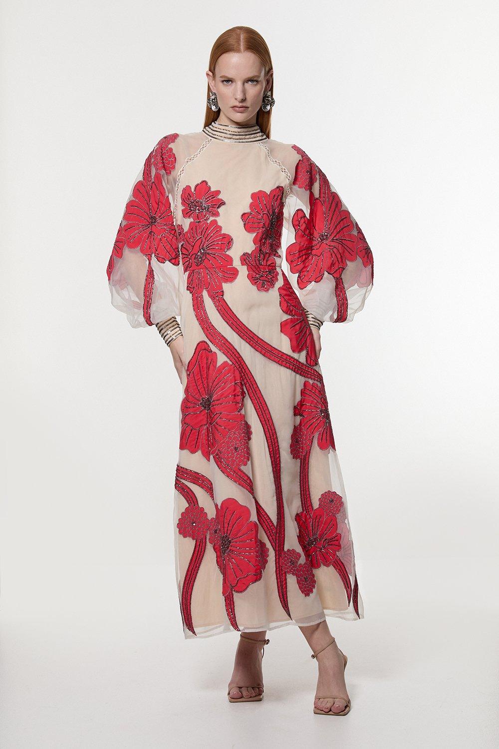Applique Organdie Floral Graphic Woven Maxi Dress - Pink
