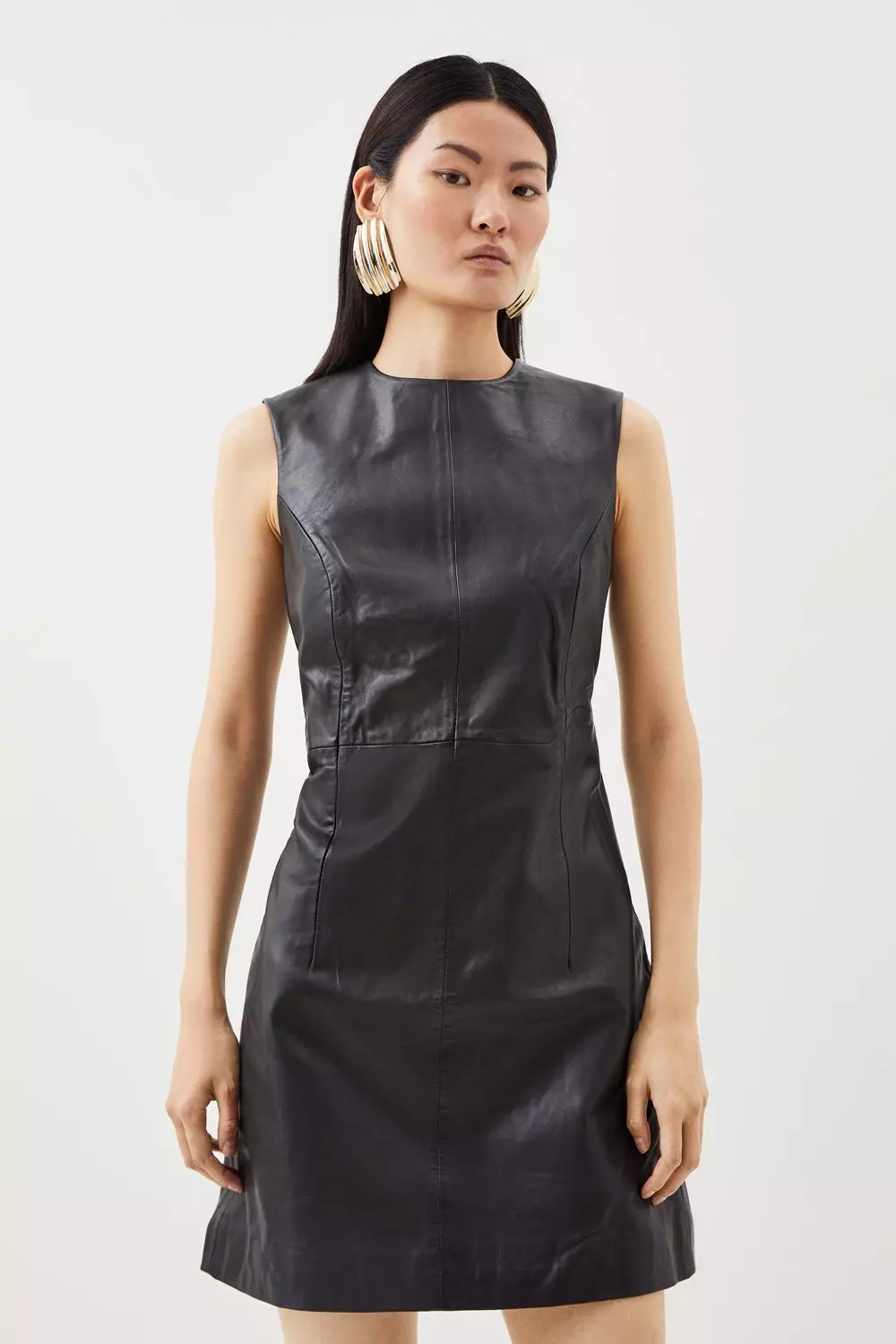 Black Vegan Leather Dress - Sleeveless Dress - A-Line Mini Dress