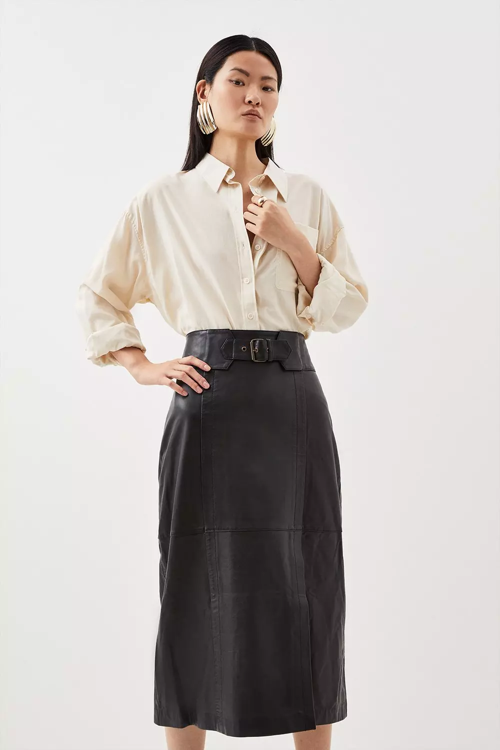 Faux Leather Tie Detail Wrap Midi Skirt