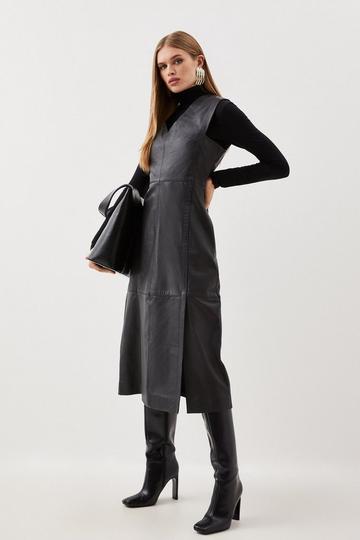 Black Leather Sleeveless Midi Dress