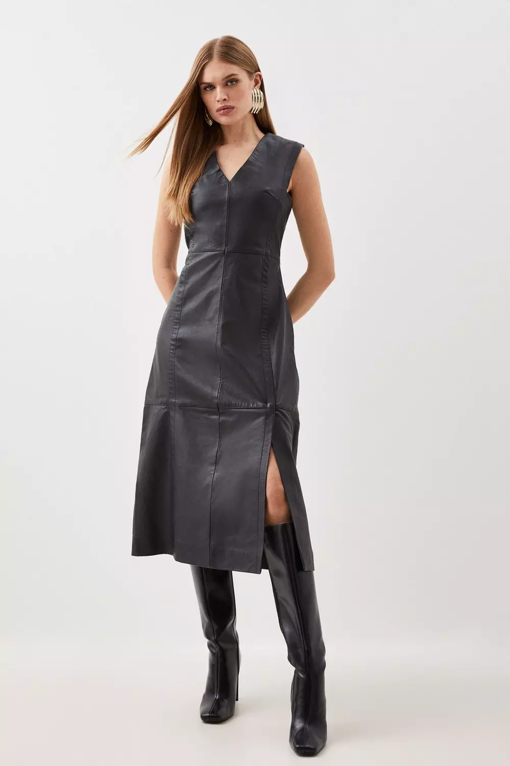 Leather midi outlet dress with sleeves