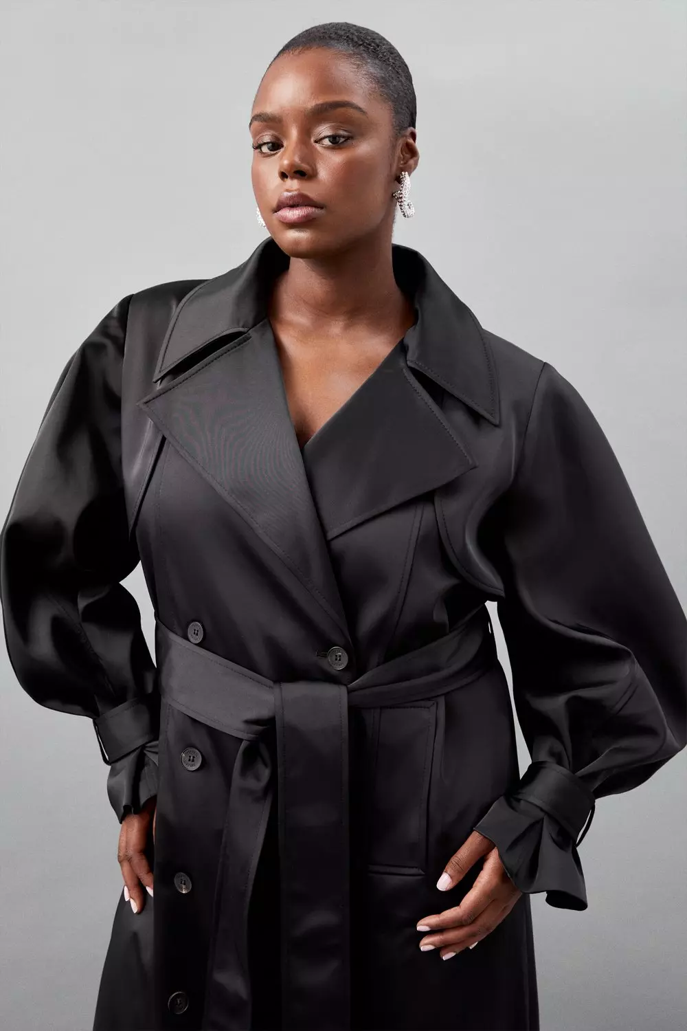 Plus Size Tailored Satin Maxi Belted Trench Coat Karen, 50% OFF