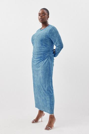Blue Plus Size Jersey Denim Print Long Sleeve Midi Dress