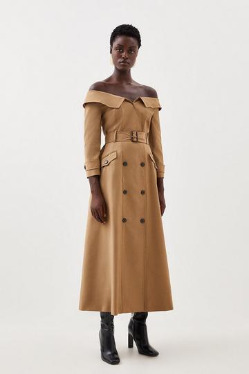 Tailored Wool Blend Trench Midaxi Dress camel