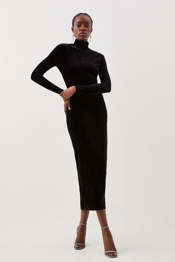 Black Velvet Jersey Turtleneck Maxi Dress