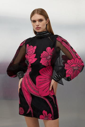 Black Applique Organdie Floral Graphic Woven Mini Dress