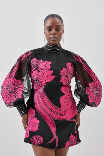 Black Plus Size Applique Organdie Floral Graphic Woven Mini Dress