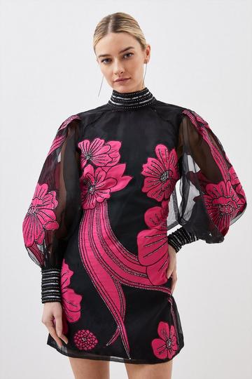 Black Petite Applique Organdie Floral Graphic Woven Mini Dress