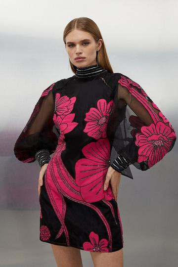 Black Tall Applique Organdie Floral Graphic Woven Mini Dress