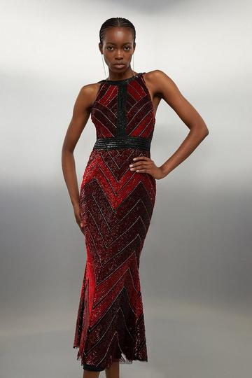 Red Tall Premium Beaded Embellished Woven Midaxi Dress