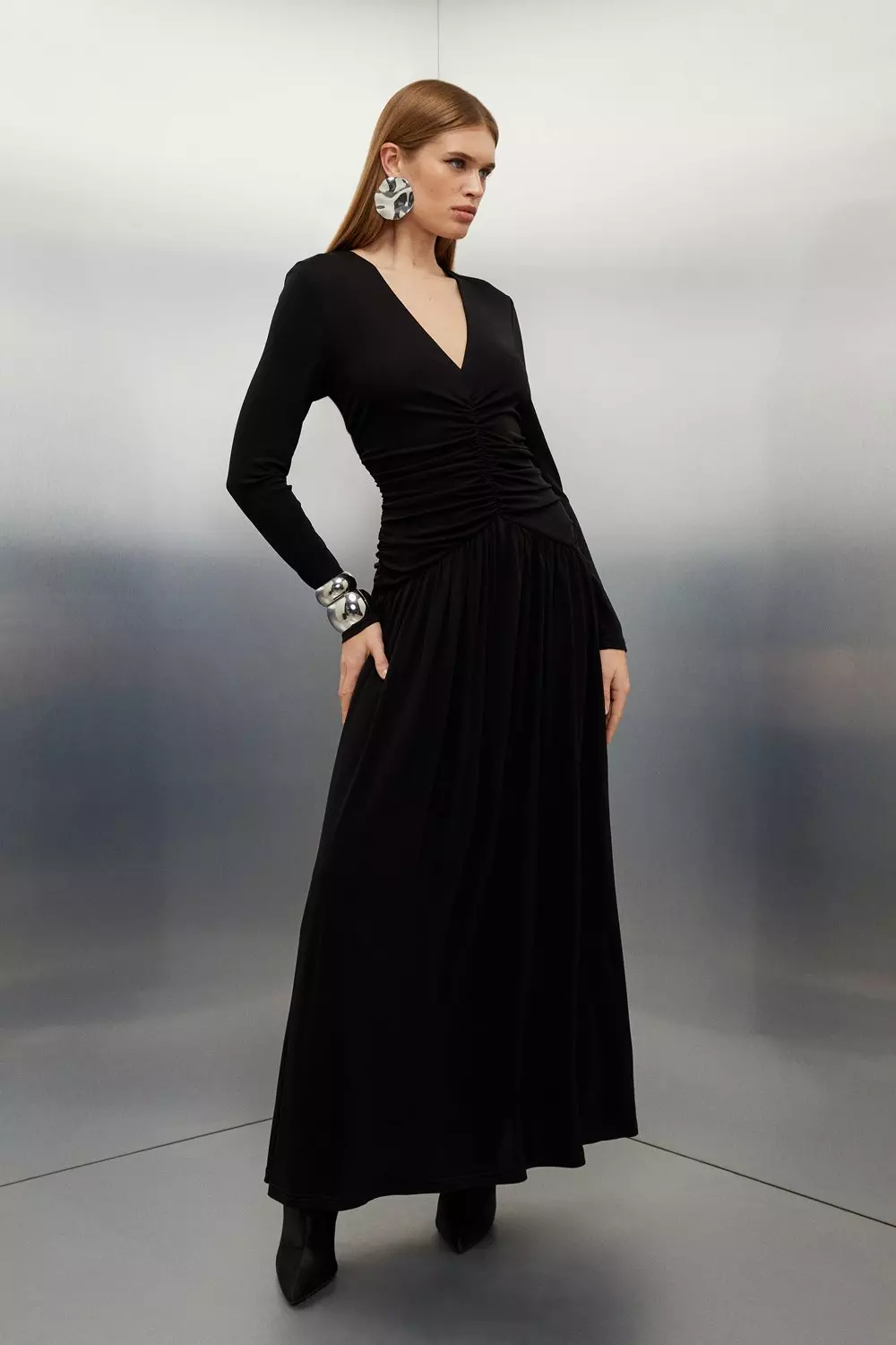 Long sleeve ruched maxi hot sale dress