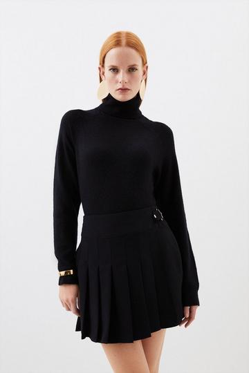 Black Tailored Crepe Tab Detail Pleated Mini Skirt