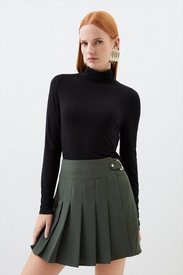 Tailored Crepe Tab Detail Pleated Mini Skirt khaki
