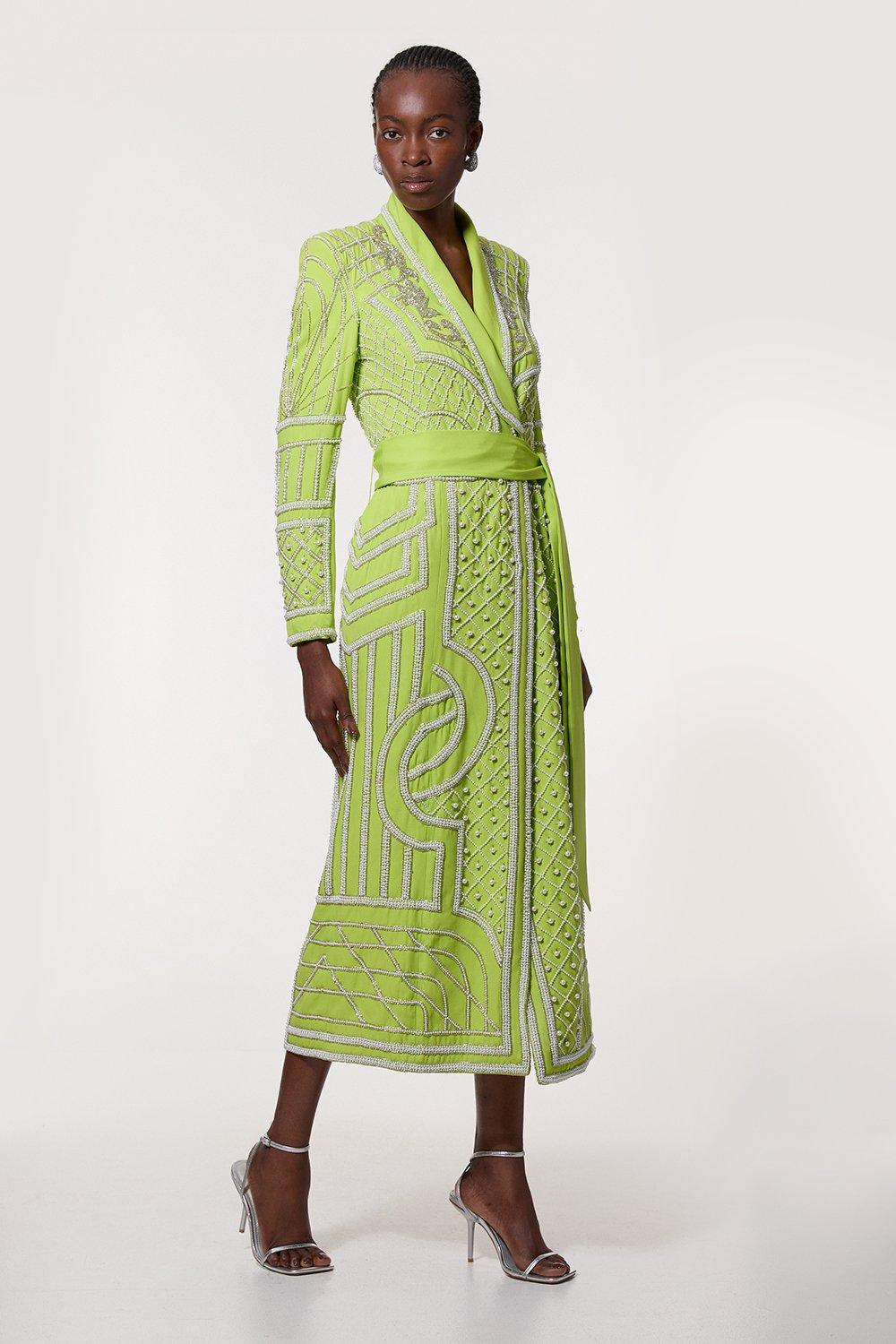 Crystal Embellished Woven Maxi Blazer Dress - Green