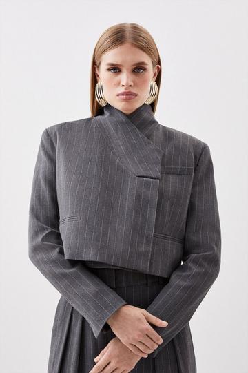 Tailored Compact Stretch Pinstripe Cropped Blazer grey