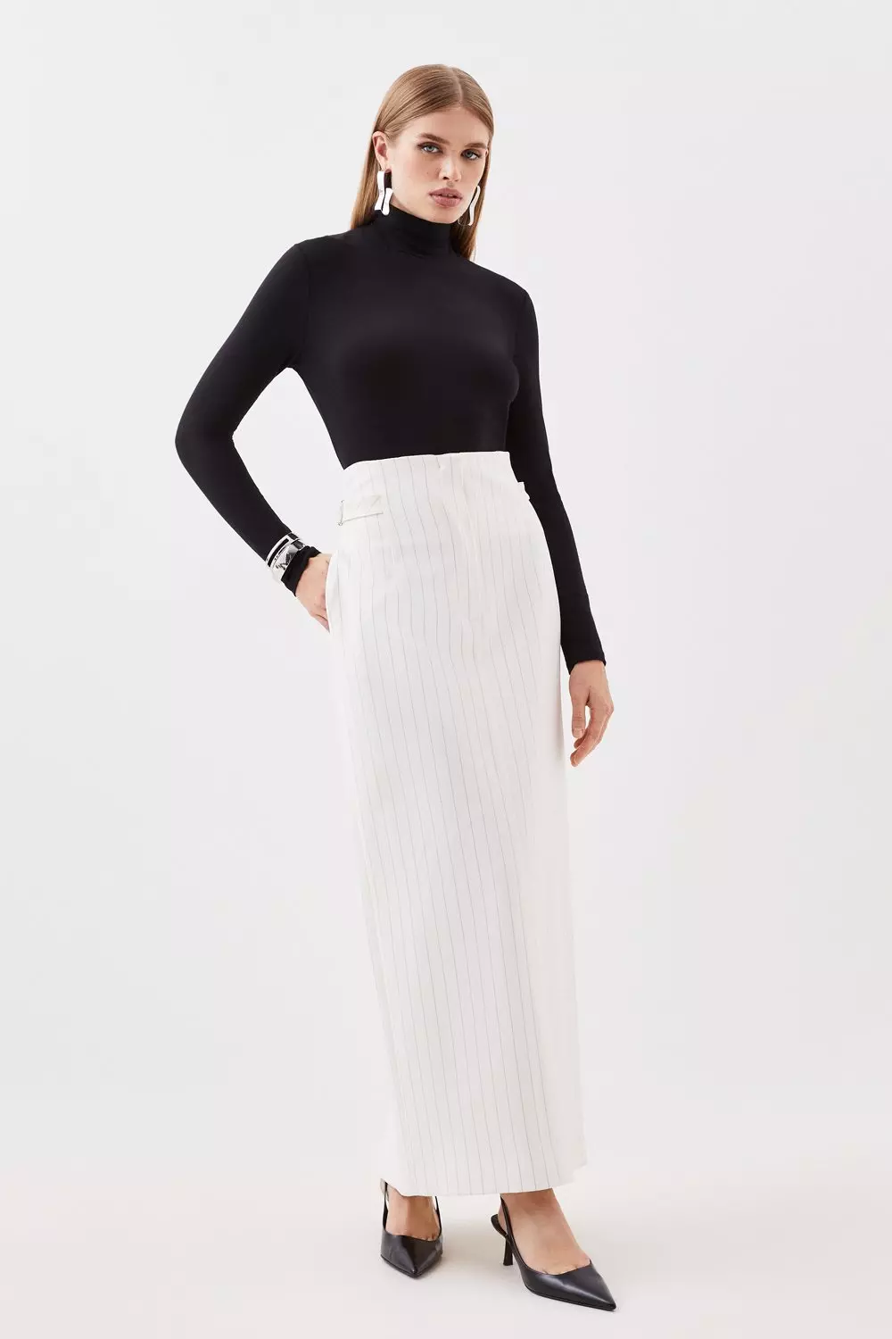 Tailored Compact Stretch Pinstripe High Waist Tab Detail Maxi Skirt