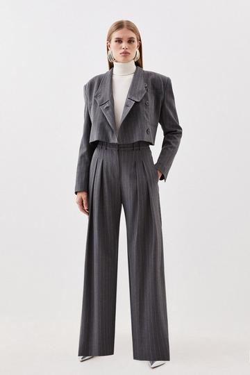 Grey Tailored Compact Stretch Pinstripe High Waisted Wide Leg Trousers