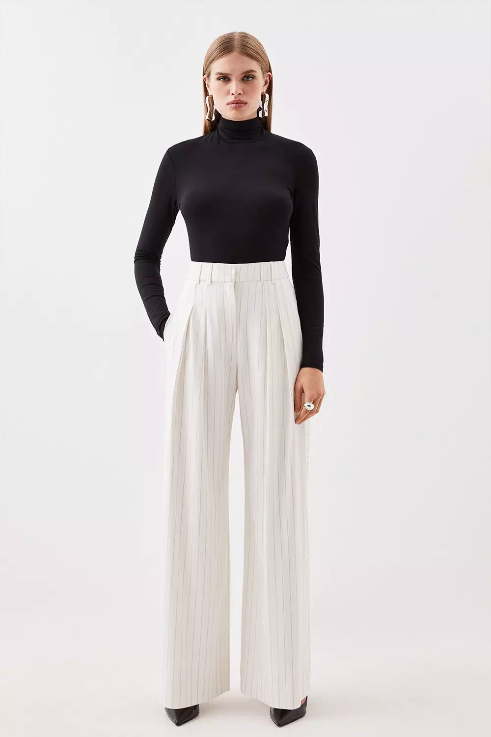Tailored Compact Stretch Pinstripe High Waisted Wide Leg Pants