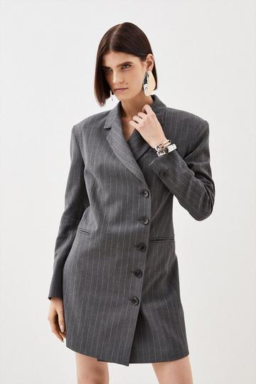 Tailored Compact Stretch Pinstripe Single Breasted Blazer Dress grey