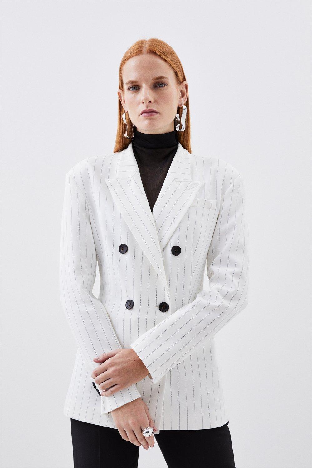 Tailored Compact Stretch Pinstripe Double Breasted Blazer | Karen