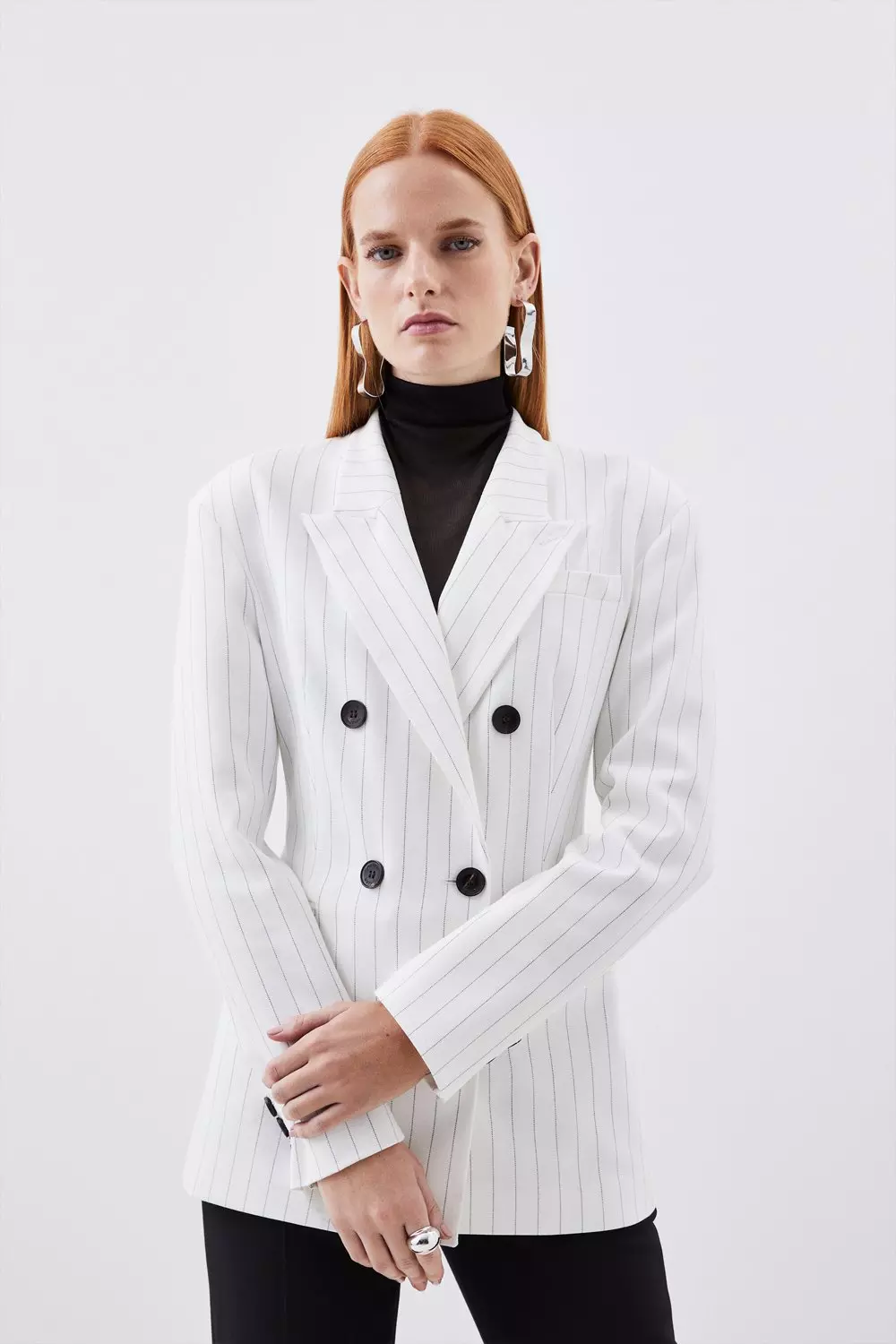 Tailored Compact Stretch Pinstripe Double Breasted Blazer | Karen Millen