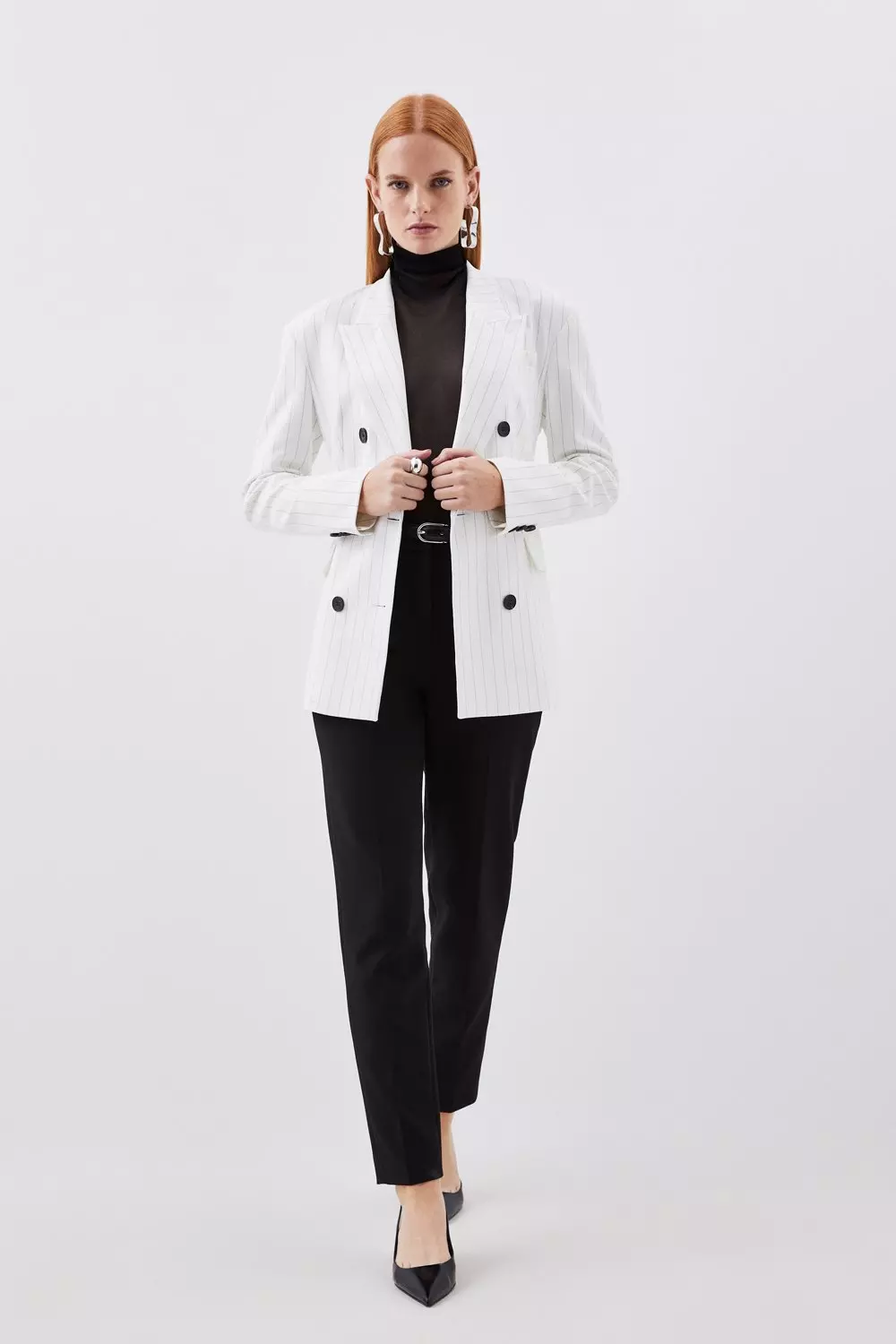 Tailored Compact Stretch Pinstripe Double Breasted Blazer