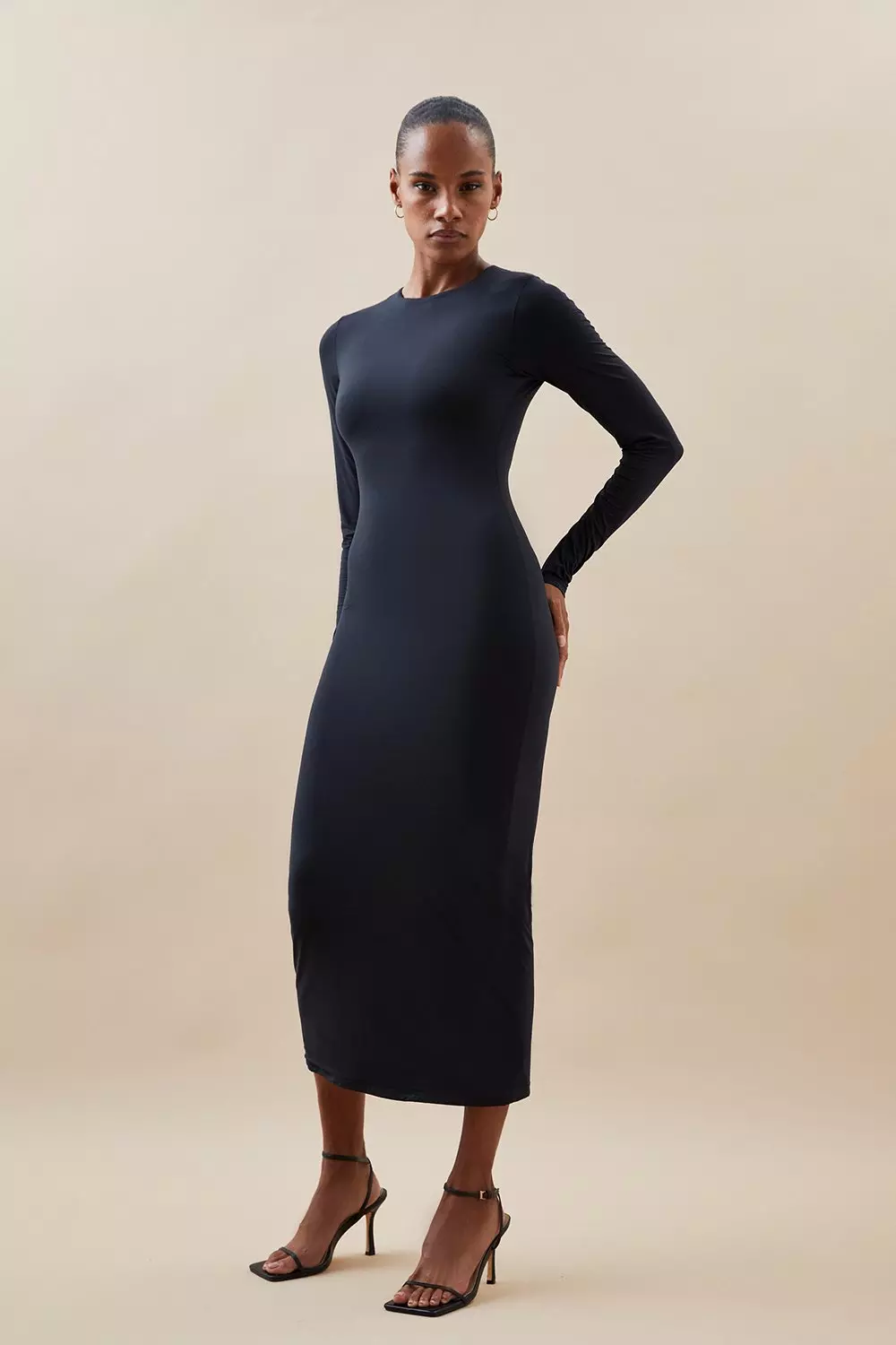 Body Contour Mesh Crew Neck Long Sleeve Midi Sweater Dress