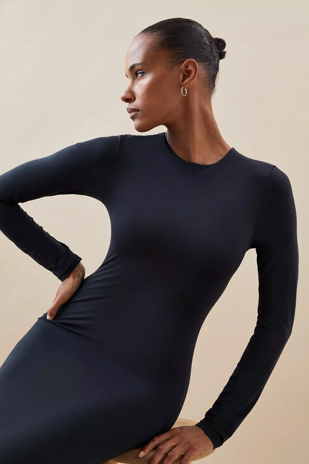 Body Contour Ribbed High Neck Midi Dress