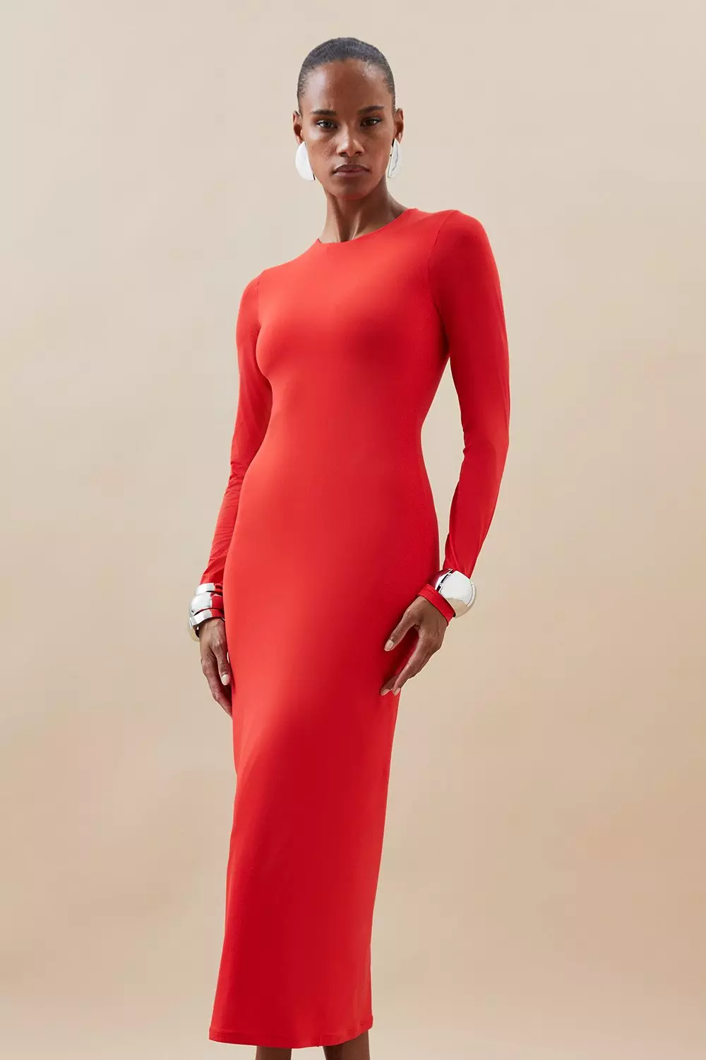 Contour Jersey Long Sleeve Crew Neck Midi Dress