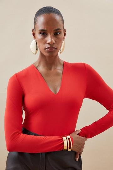Red Contour Jersey Long Sleeve Plunge Bodysuit