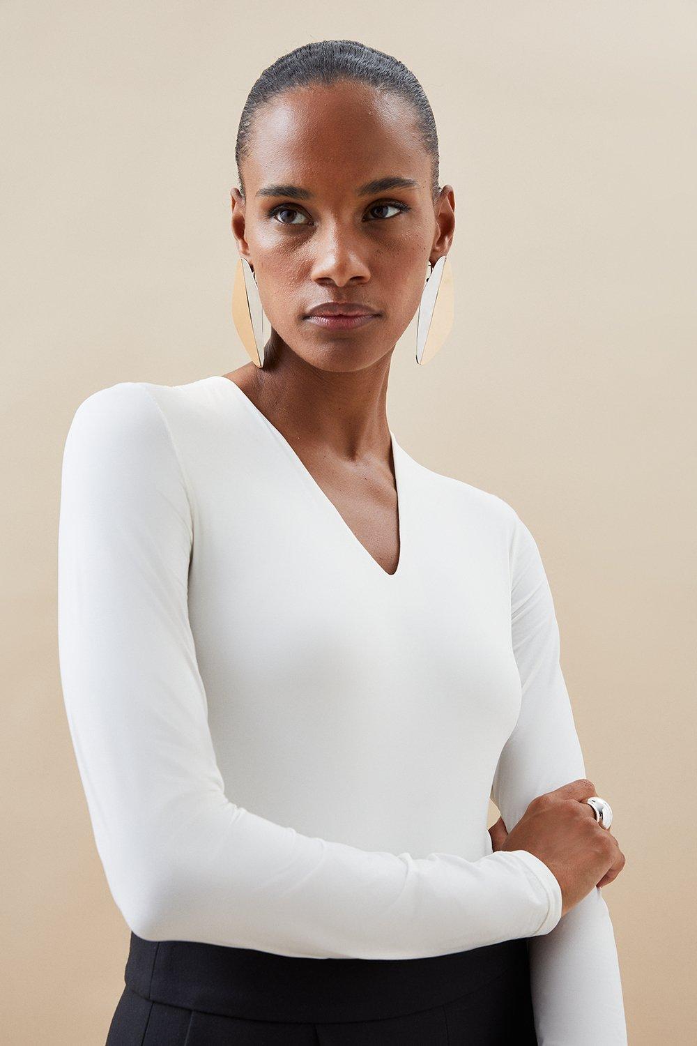 Contour Jersey Long Sleeve Plunge Bodysuit - White