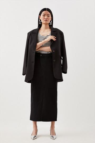 Black Denim Asymmetric Waistband Detail Maxi Skirt