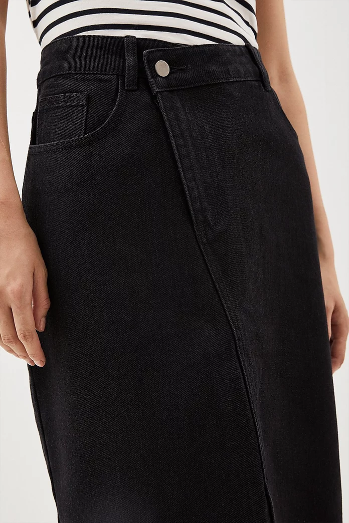 Denim Asymmetric Waistband Detail Maxi Skirt | Karen Millen