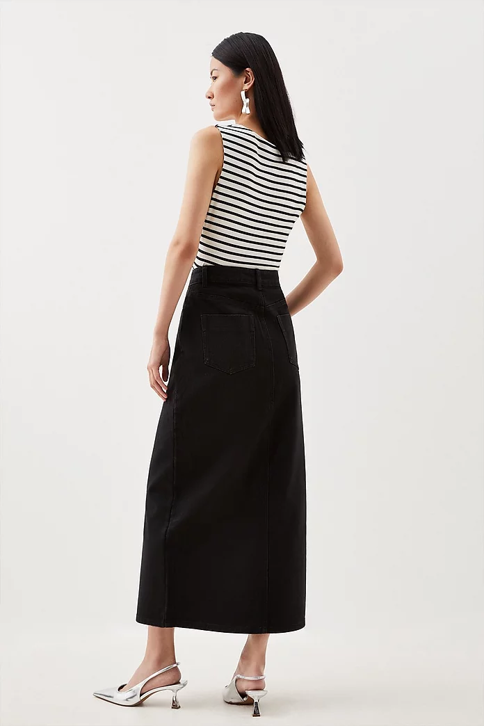 Denim Asymmetric Waistband Detail Maxi Skirt | Karen Millen