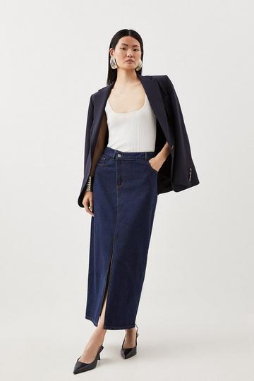 Denim Asymmetric Waistband Detail Maxi Skirt indigo