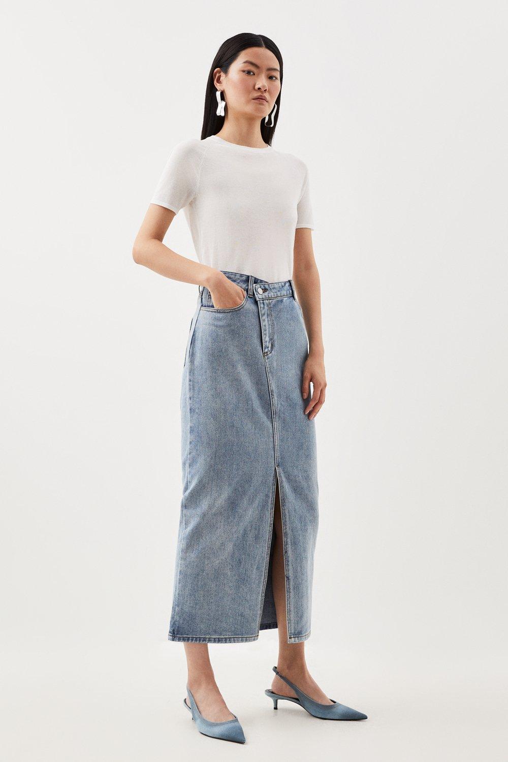 gifteabox - Via Vintage Faded Y2K A-Line Front Split Denim Long Skirt -  Codibook.