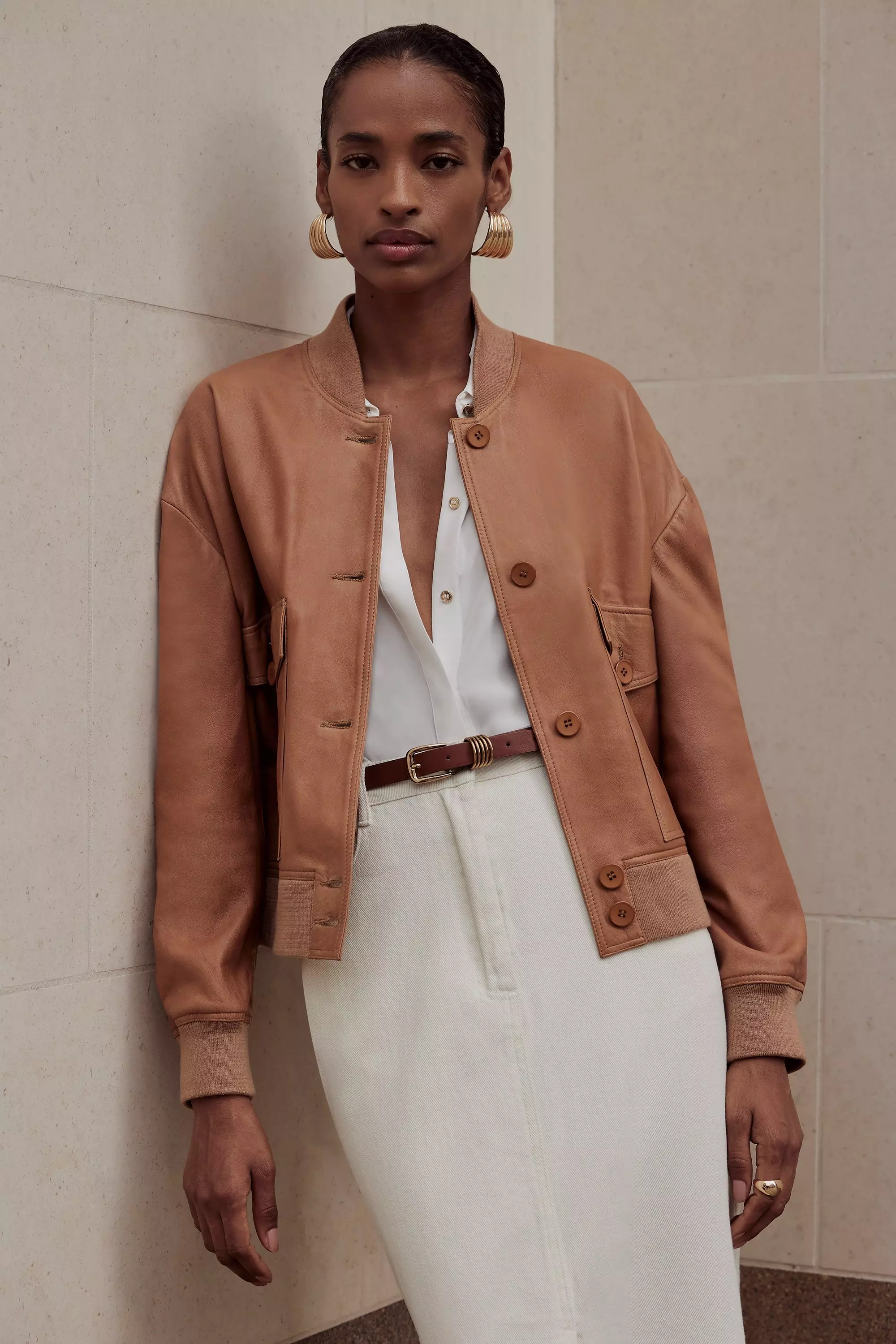 Leather Veg Tan Button Bomber Jacket | Karen Millen