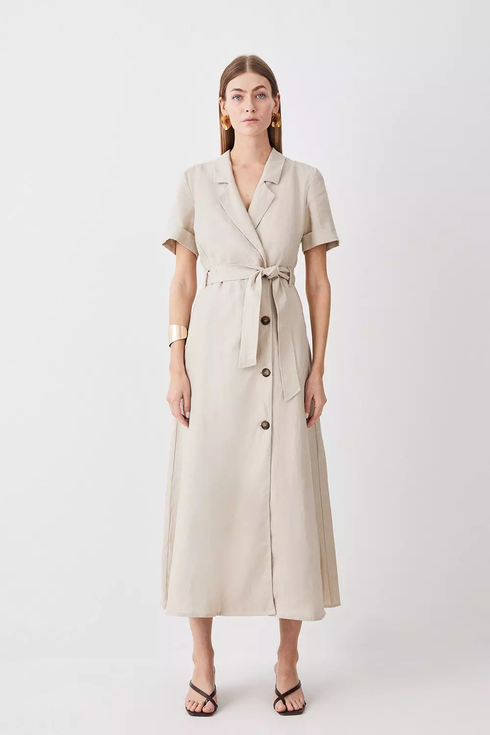 QUYUON Linen Dress for Women Summer Belted Midi Dress Ladies