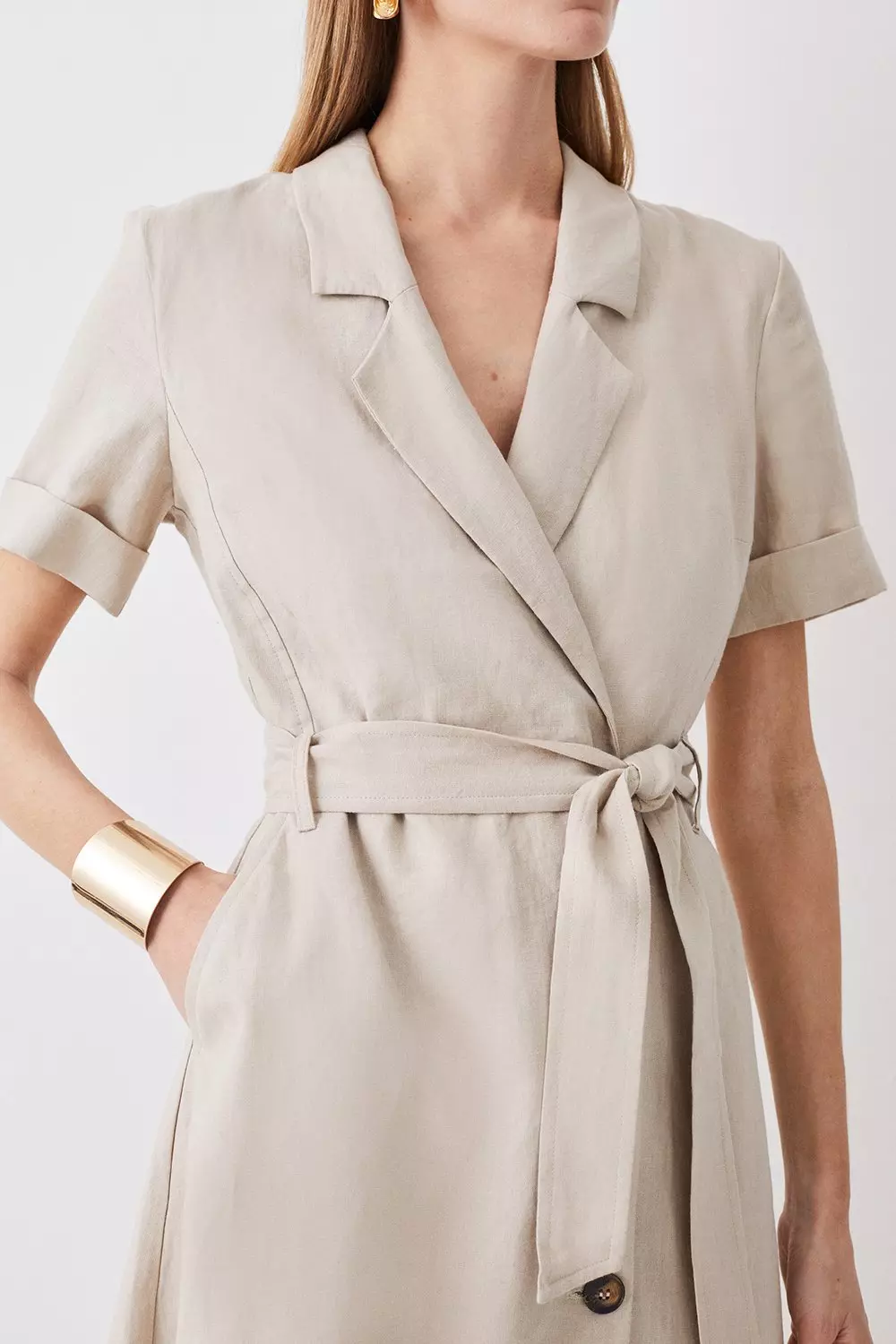 Petite Tailored Linen Belted Midi Dress